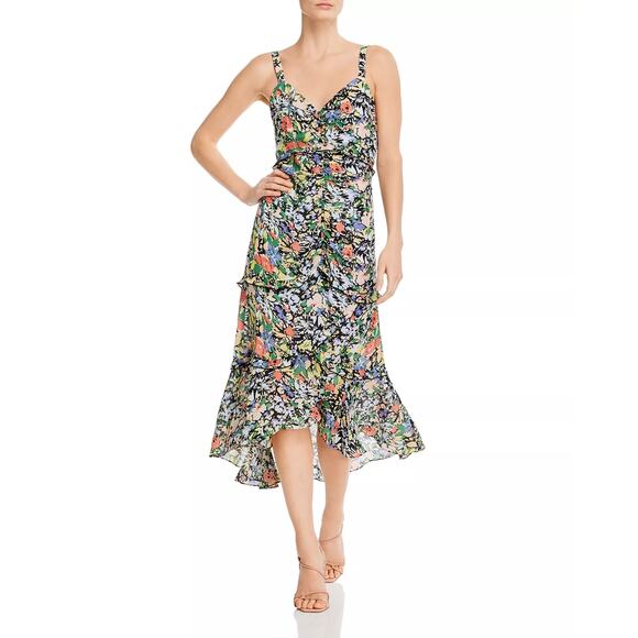 Parker  XXS  Melody Dark Floral Back-Cutout Dress Midi Sleeveless Ruffle Womens - Picture 1 of 9